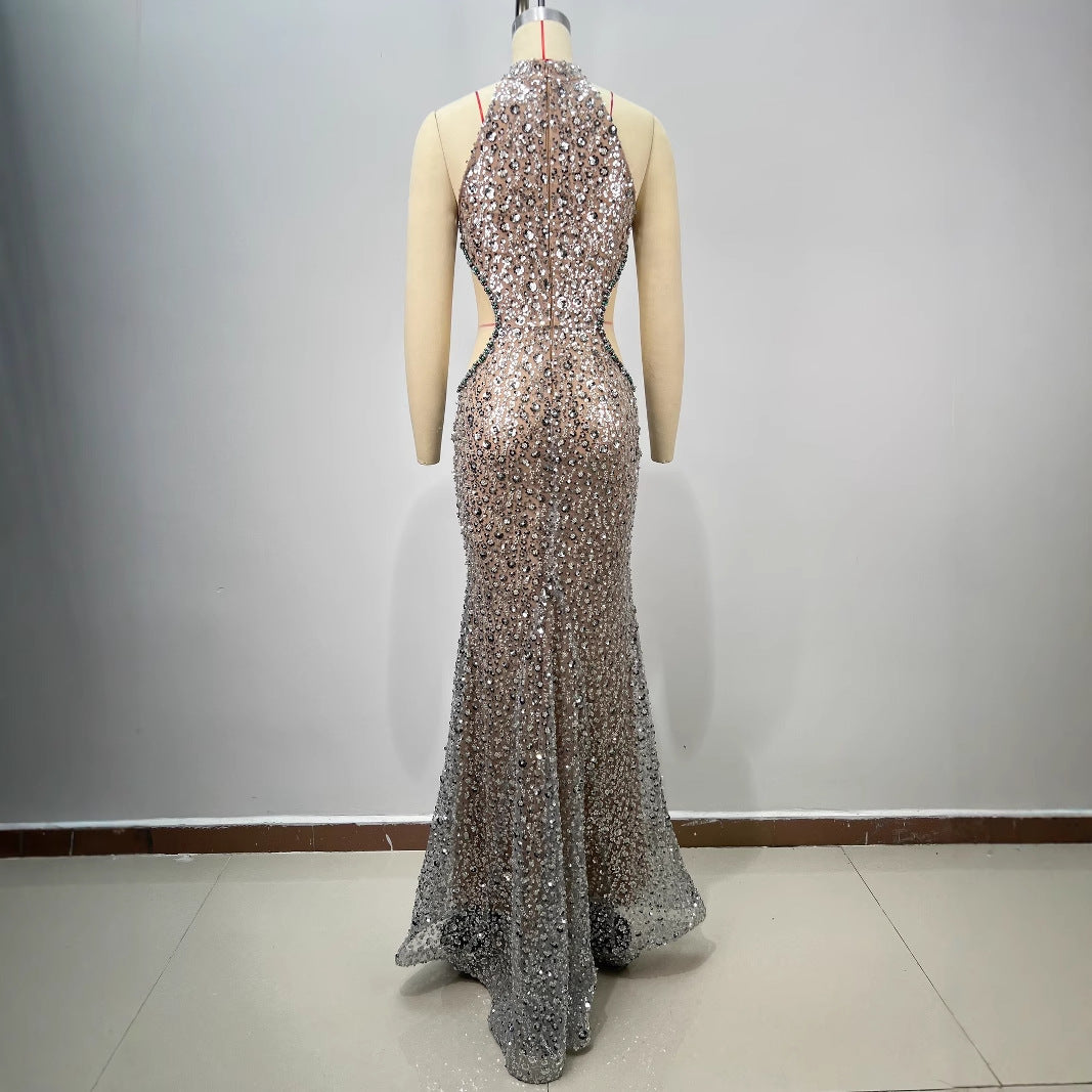 Colorful Diamond Decorated Fitted Round Neck Halter Bodycon Party Dress