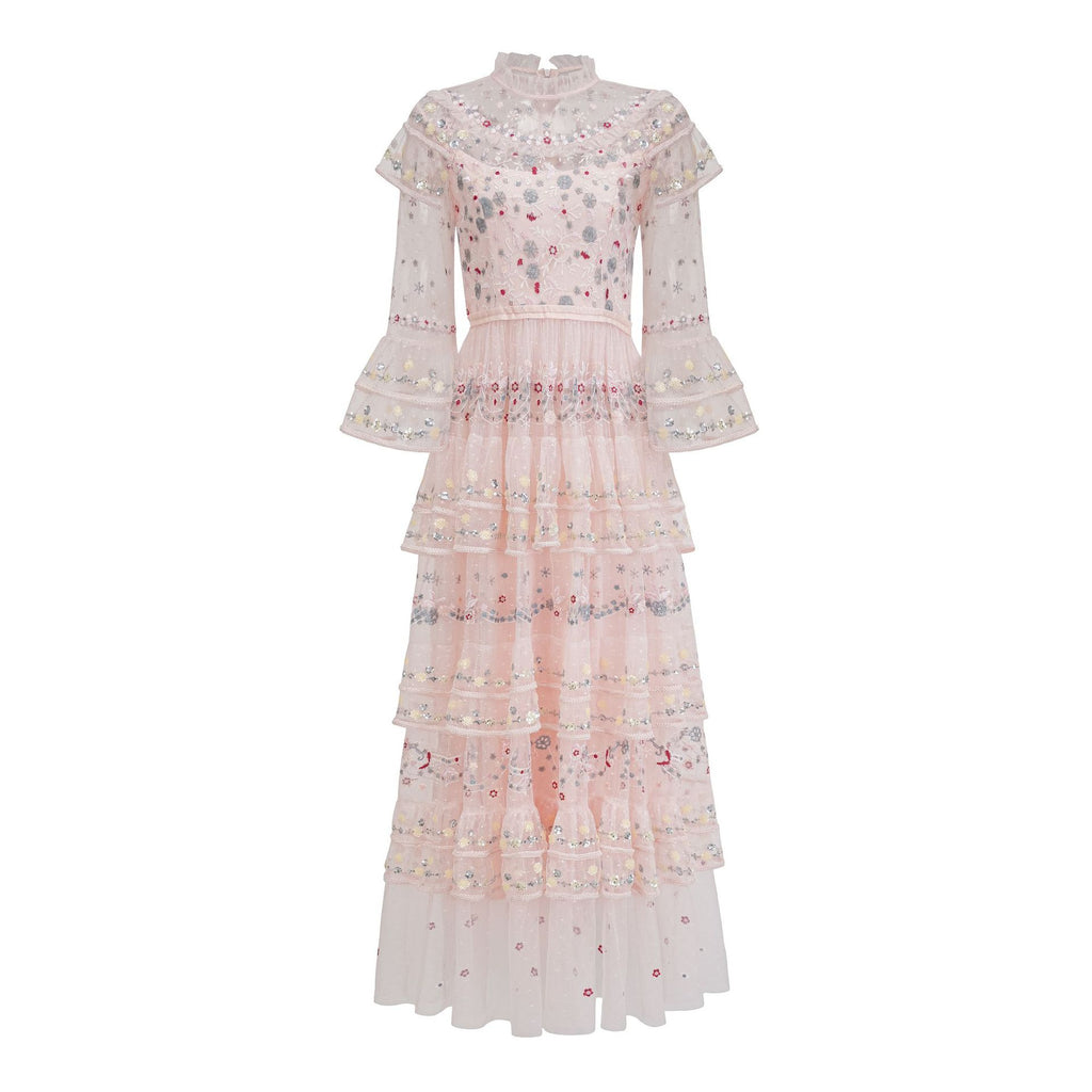 Cross-border European and American New Sequined Three-quarter Sleeve Heavy Craftsmanship Waist-cinched Tiered Hem Long Evening Dress