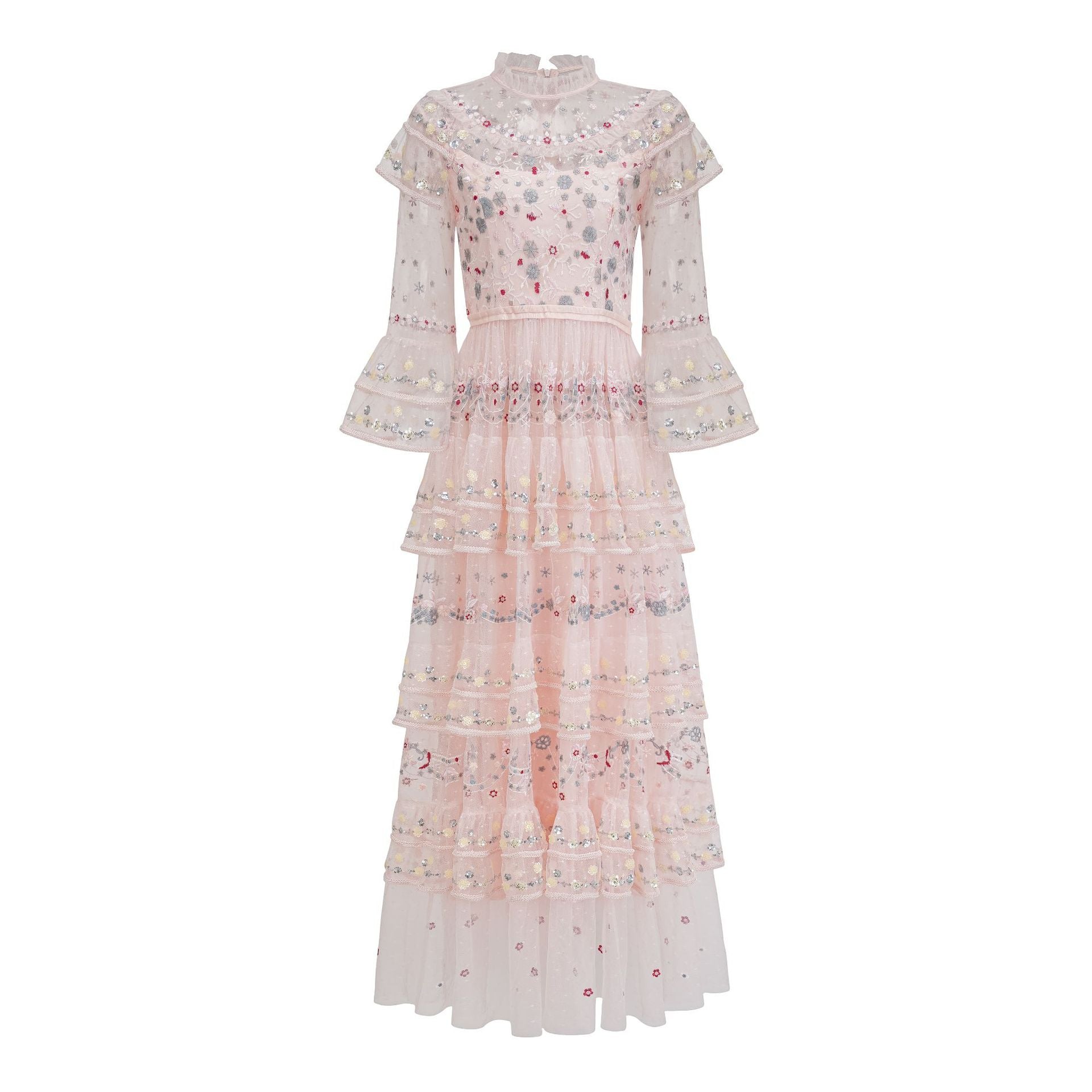 Cross-border European and American New Sequined Three-quarter Sleeve Heavy Craftsmanship Waist-cinched Tiered Hem Long Evening Dress