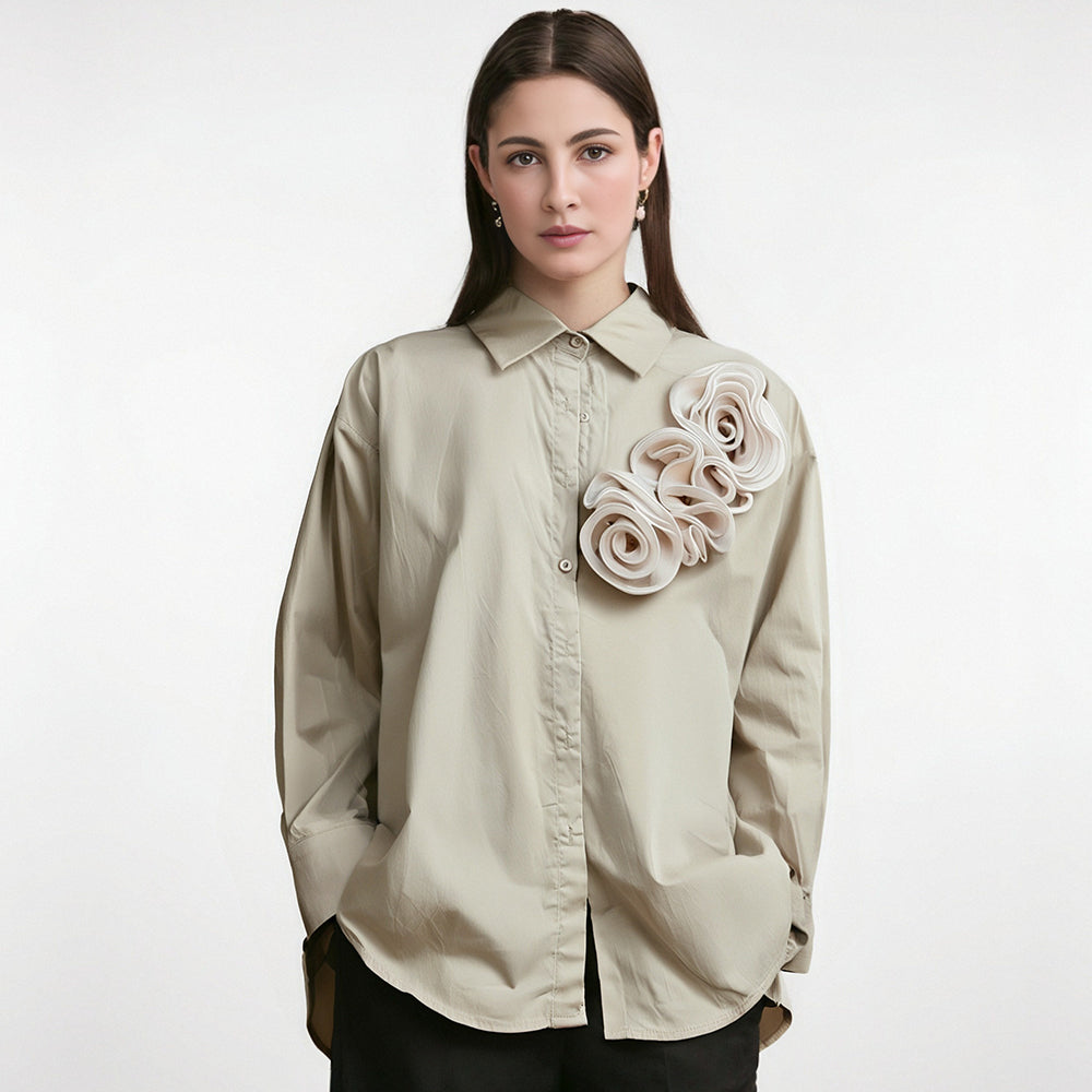 Fashion Women's Three-dimensional Flower T-shirts Loose Casual Long Sleeved Solid Color Tops Female  Autumn