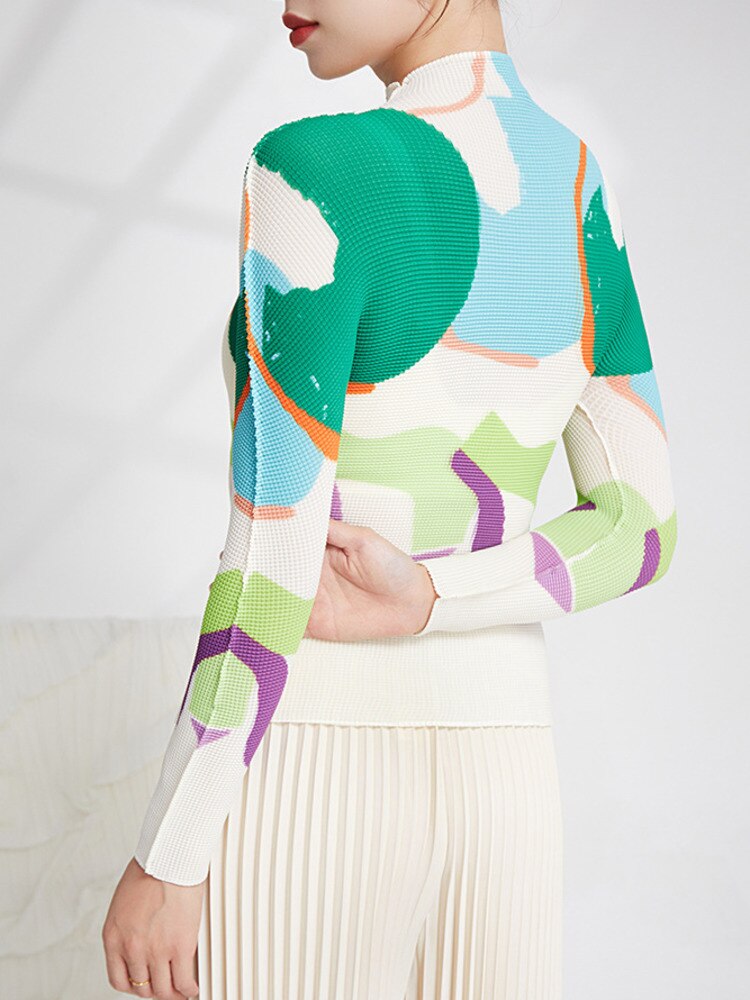 Print Pleated T-shirts For Women Spring New Long Sleeve Stand Collar Slim Casual Breathable Clothing Female 17G1384