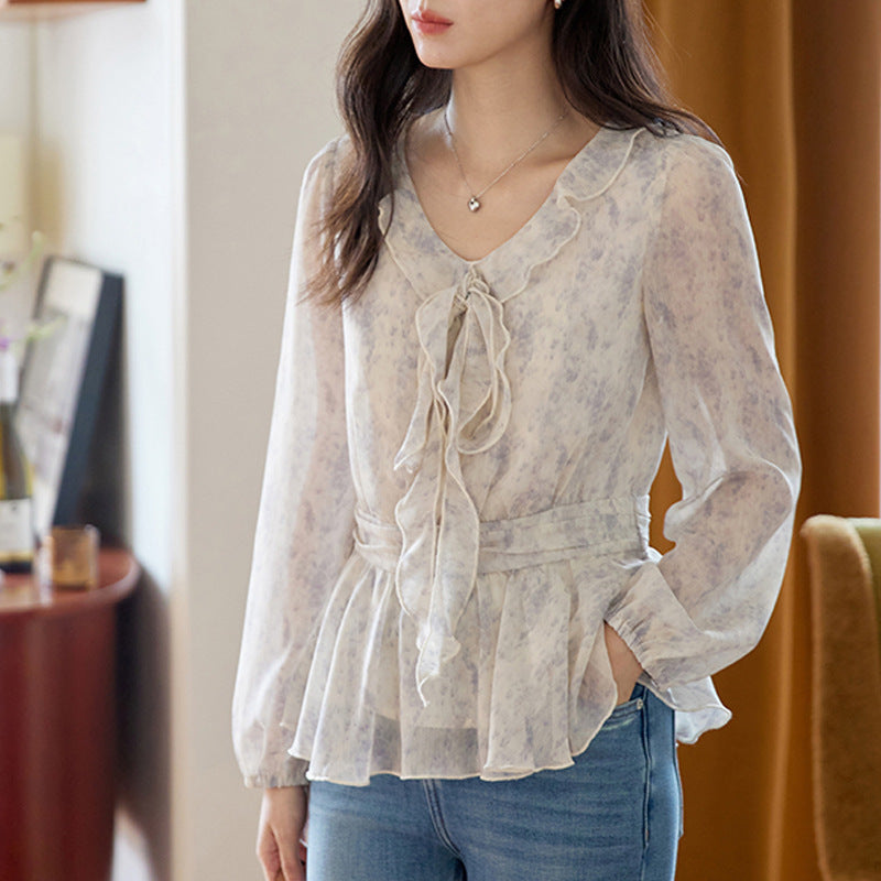 Blue Printed Ruffle Tie-Back Long Sleeve Shirt for Women Vintage Fitted Slim Fit Top