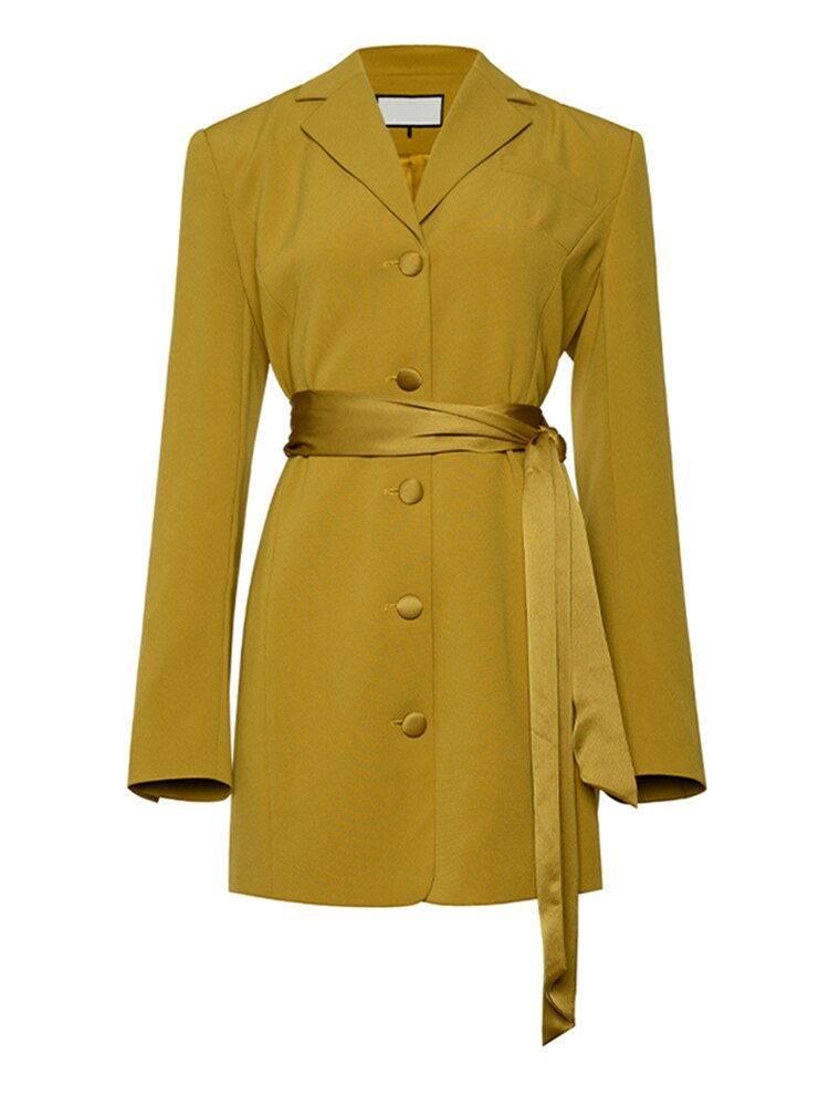 Women Yellow Belted Big Size Elegant Blazer Dress New Lapel Long Sleeve Loose Fit Fashion Spring Autumn