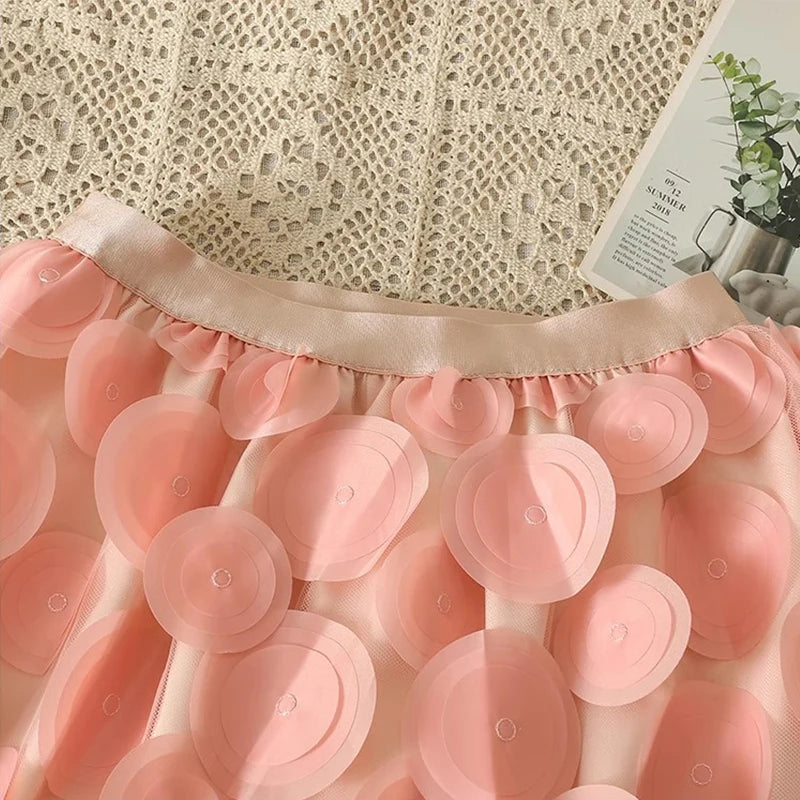 Fashionable Polka Dot Tulle Skirt for Women High Street Patchwork A Line High Waist Midi Long Mesh Skirt Female PinK