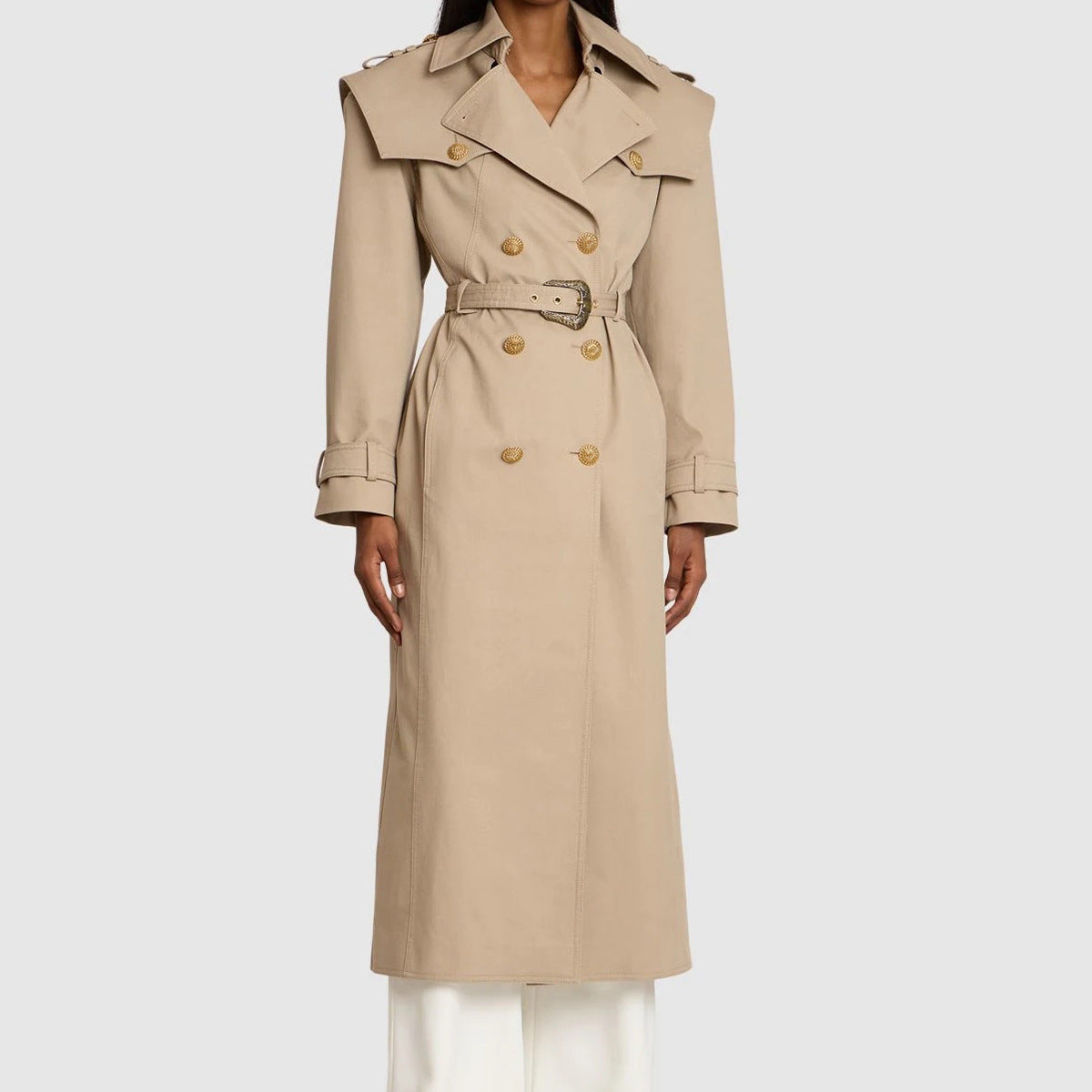 New double breasted detachable adjustable waistband, fashionable pointed collar, mid to long style windbreaker jacket with temperament