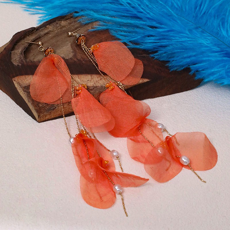 Handmade fabric pearl earrings female super fairy long tassel earrings