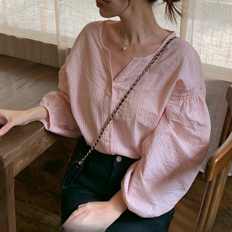 Strawberry Special~ Handmade Linen Cotton Small V-Neck Forked Gathered Two-Button Lantern Sleeve Shirt