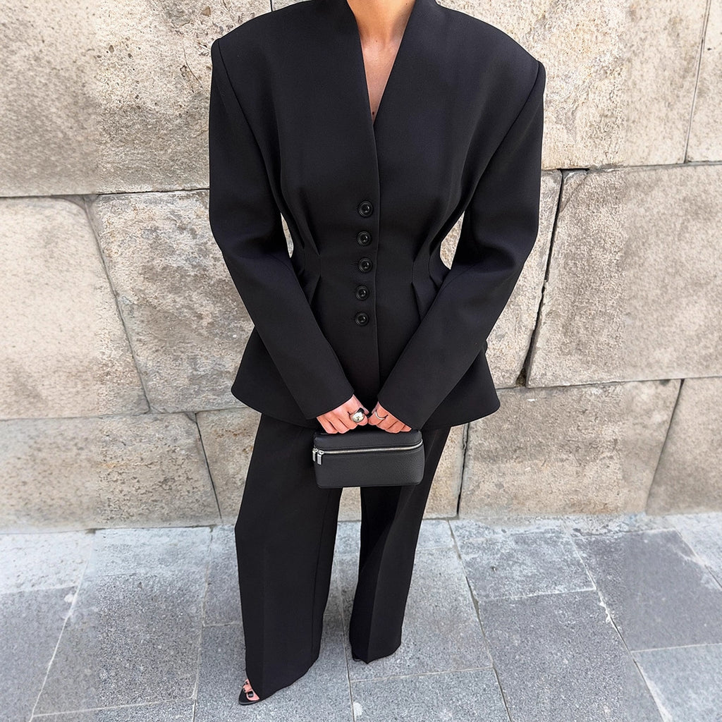 Style Commuter Black Suit Set for Women Office Slim Fit Blazer and Trousers Two-Piece Set