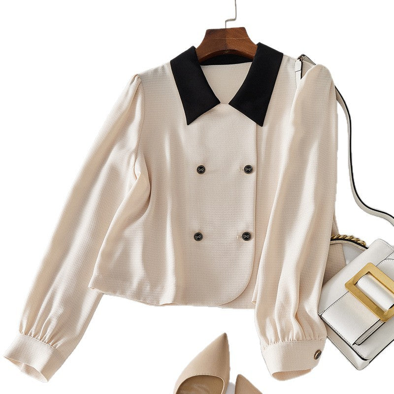 Two-Way Wear Twill Texture Color-Blocking Tweed Style Shirt Jacket, Apricot, Long Sleeve Top for Petite Women