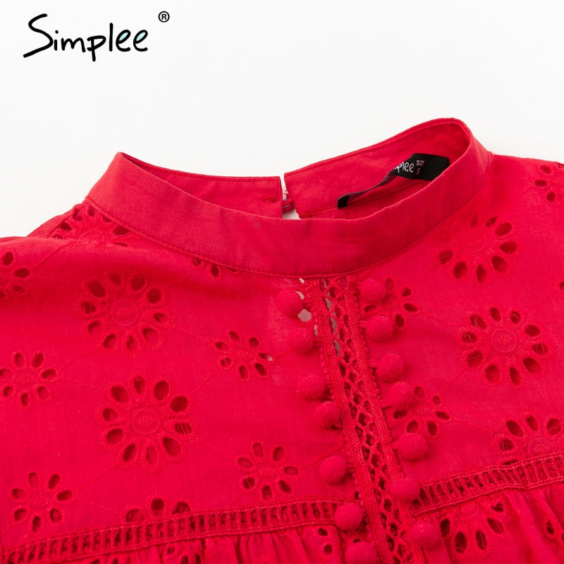 Elegant tank top women blouse Cotton embroidery red shirts feminina sexy top Stand neck tassel pompon ladies tops female
