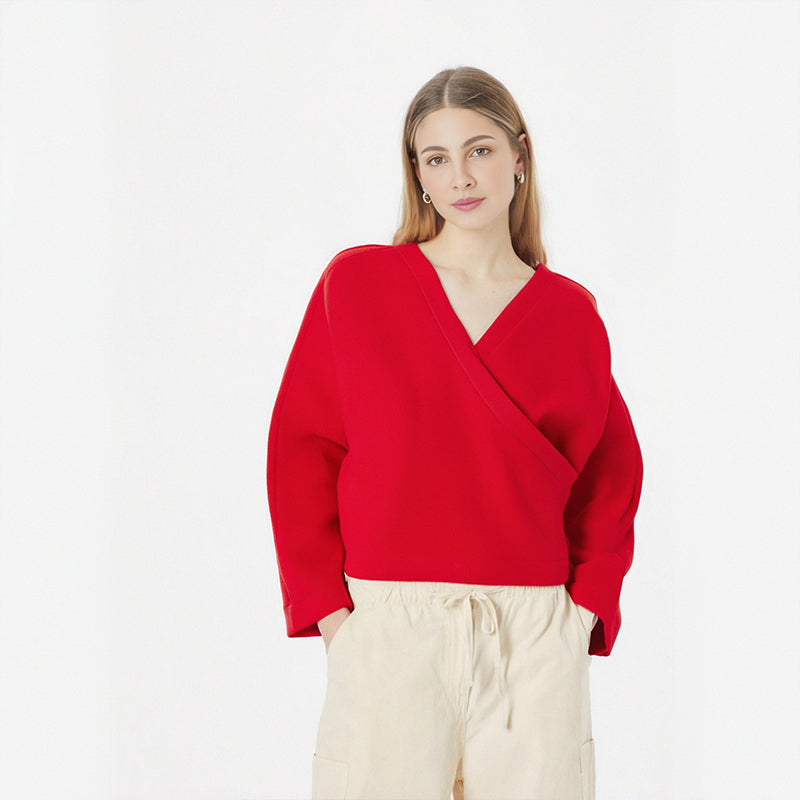 Vintage Red Women's Loose Pullover Sweater Casual V Neck Long Sleeves Short Jumper Top  Female Party Elegant Knitwear