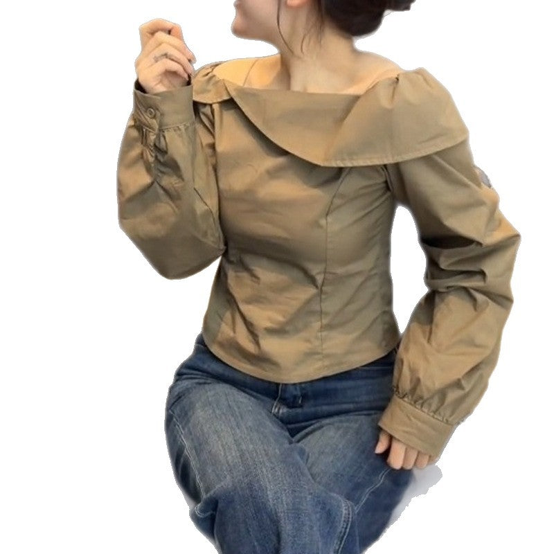 Commuter Top with Design Sense, Style Khaki Off-Shoulder Long Sleeve Elegant Women's Shirt