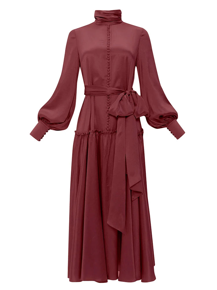 Patchwork Lace Up Solid Elegant Dresses For Women Turtleneck Lantern Sleeve High Waist Temperament Dress Female Fashion New