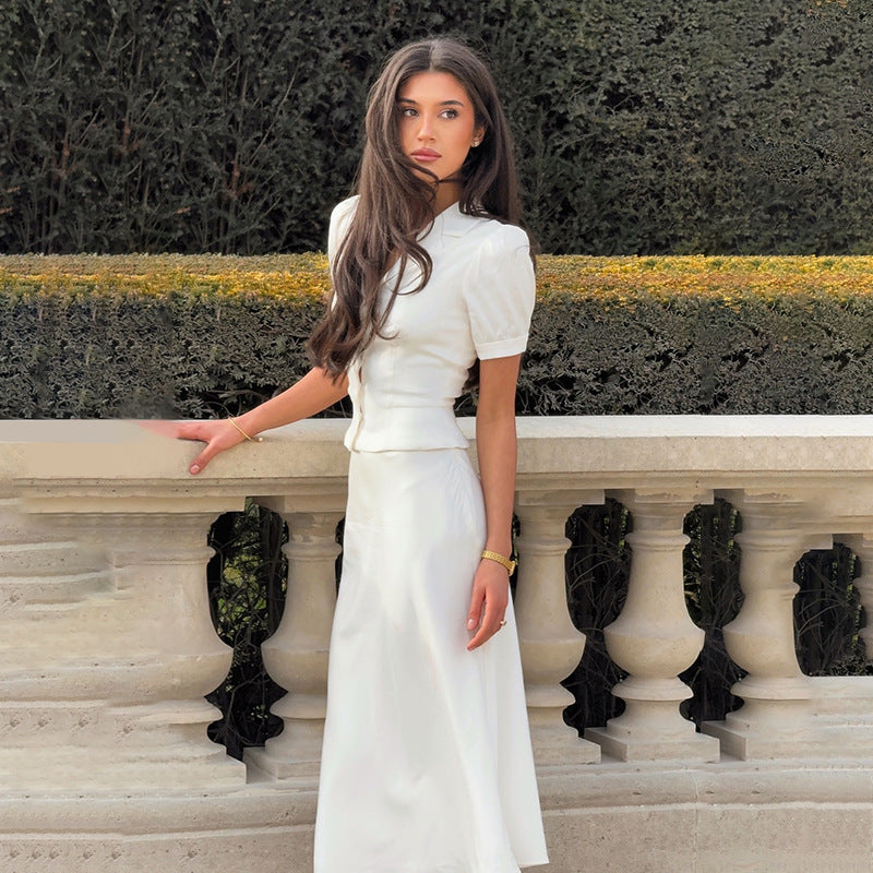 Elegant Lady Fitted Bubble Sleeve Collar Button-Up Top A-Line Mermaid Long Skirt Casual Set
