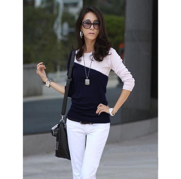 Autumn Spring Cotton Blend Women Round Neck Color Block Long Sleeve Long Sleeve T-Shirts