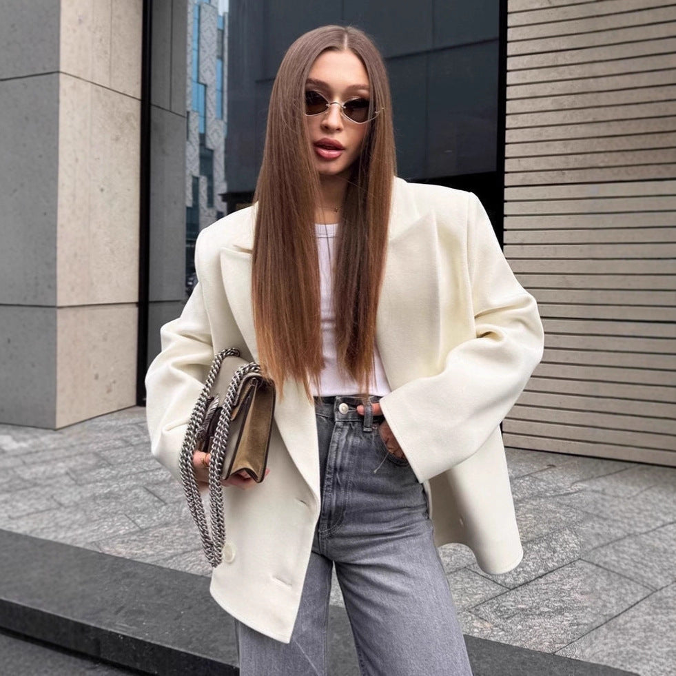 Vintage Preppy Style Beige Wool Blazer for Women, Notch Lapel, Mid-Length, Loose Fit, Double-Breasted Suit