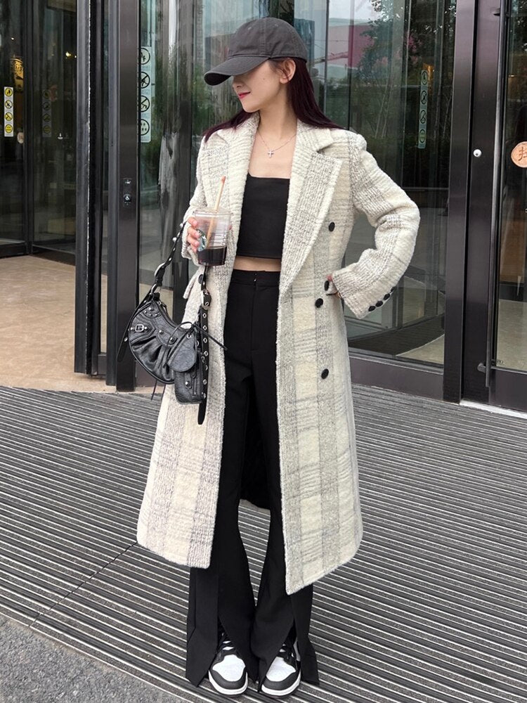 Loose Fit White Plaid Elegant Long Woolen Coat Parkas New Long Sleeve Women Fashion Trend Autumn Winter