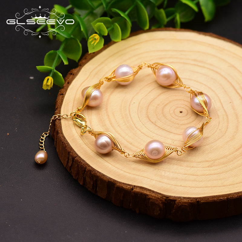 GLSEEVO Handmade Natural Fresh Water Pink Pearl Adjustable Cufflinks Bracelet For Women Party Jewelry Bransoletki Damskie GB0123