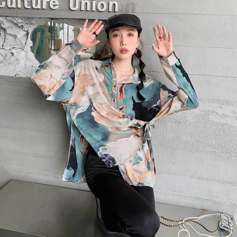 Printing Shirts for Women  New Fashion Vintage Long Sleeve Blouses Asymmetrical Lace Up Button Down Casual Tops