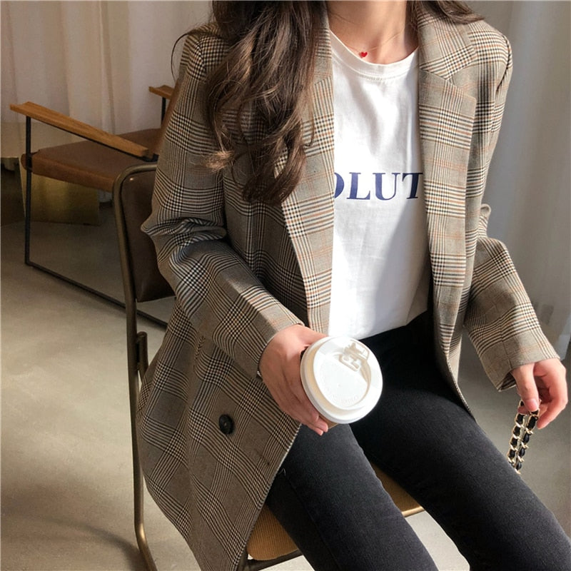 Office Ladies Notched Collar Plaid Women Blazer Double Breasted Autumn Jacket Casual Pockets Female Suits Coat