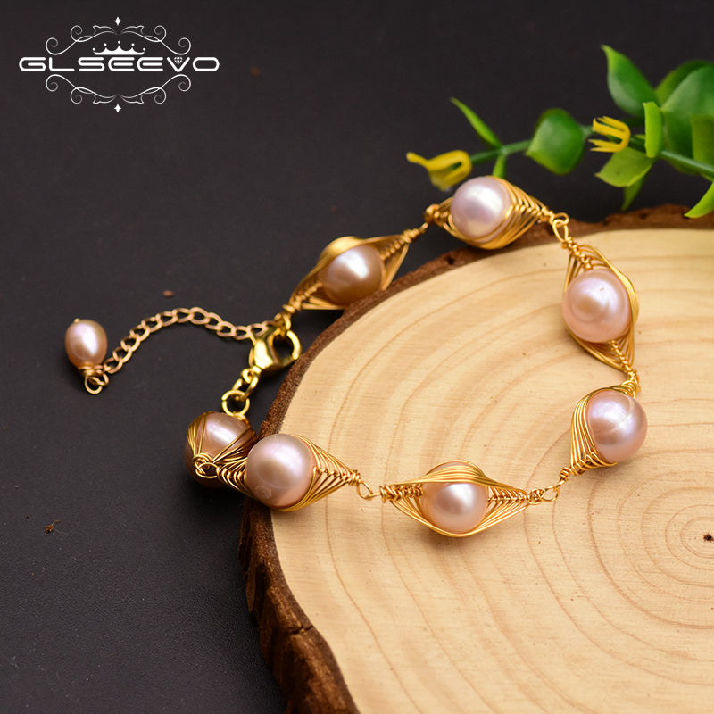 GLSEEVO Handmade Natural Fresh Water Pink Pearl Adjustable Cufflinks Bracelet For Women Party Jewelry Bransoletki Damskie GB0123