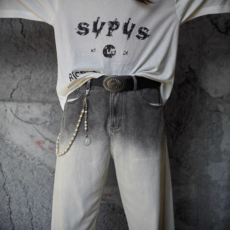 Streetwear Hip-Hop Style Gradient Color Wide-Leg Denim Pants Straight Leg Design Retro Knife-Edge Floor-Length Trousers