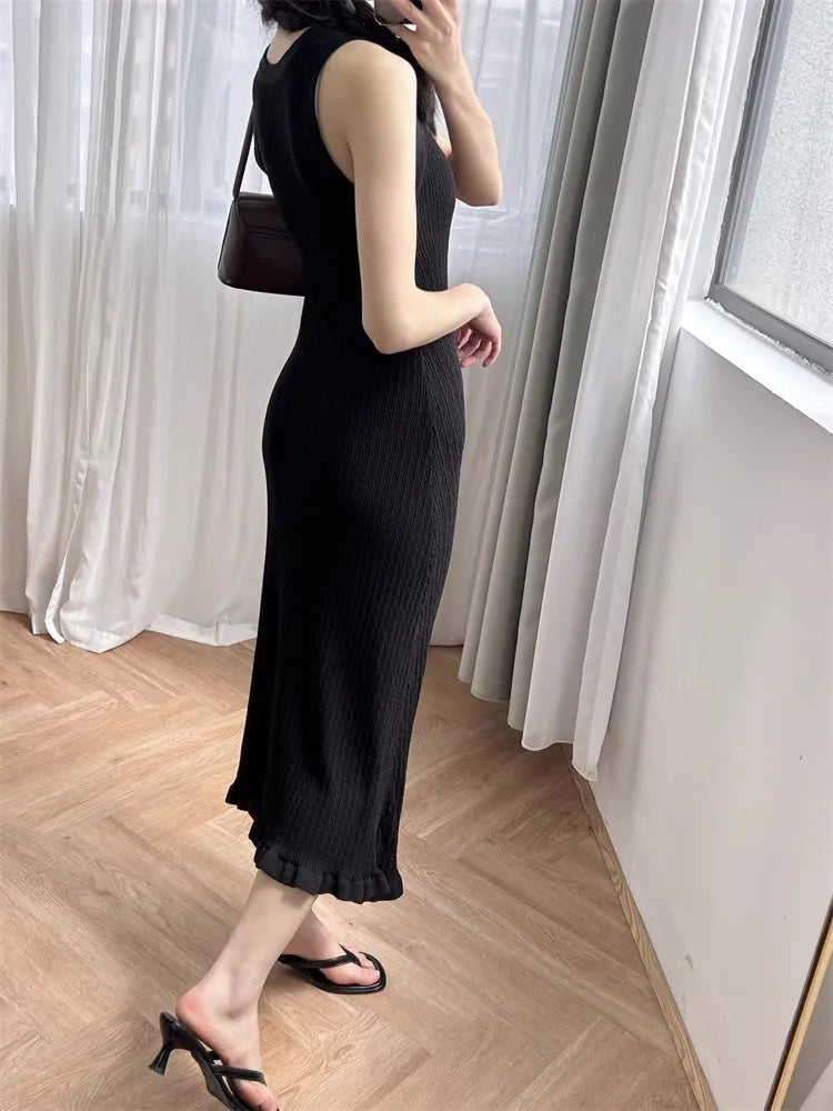 Green or Black Women U Neck Ruffles Knit Tank Dress  Spring Summer Female Sleeveless Midi Robes