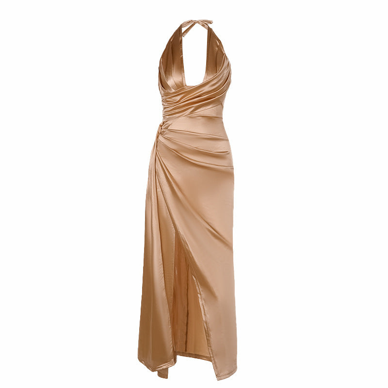Slimming pleated deep V-satin dress