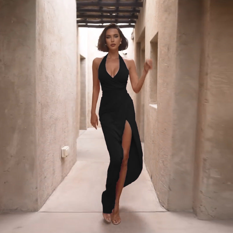 V-neck hanging neck high slit dress