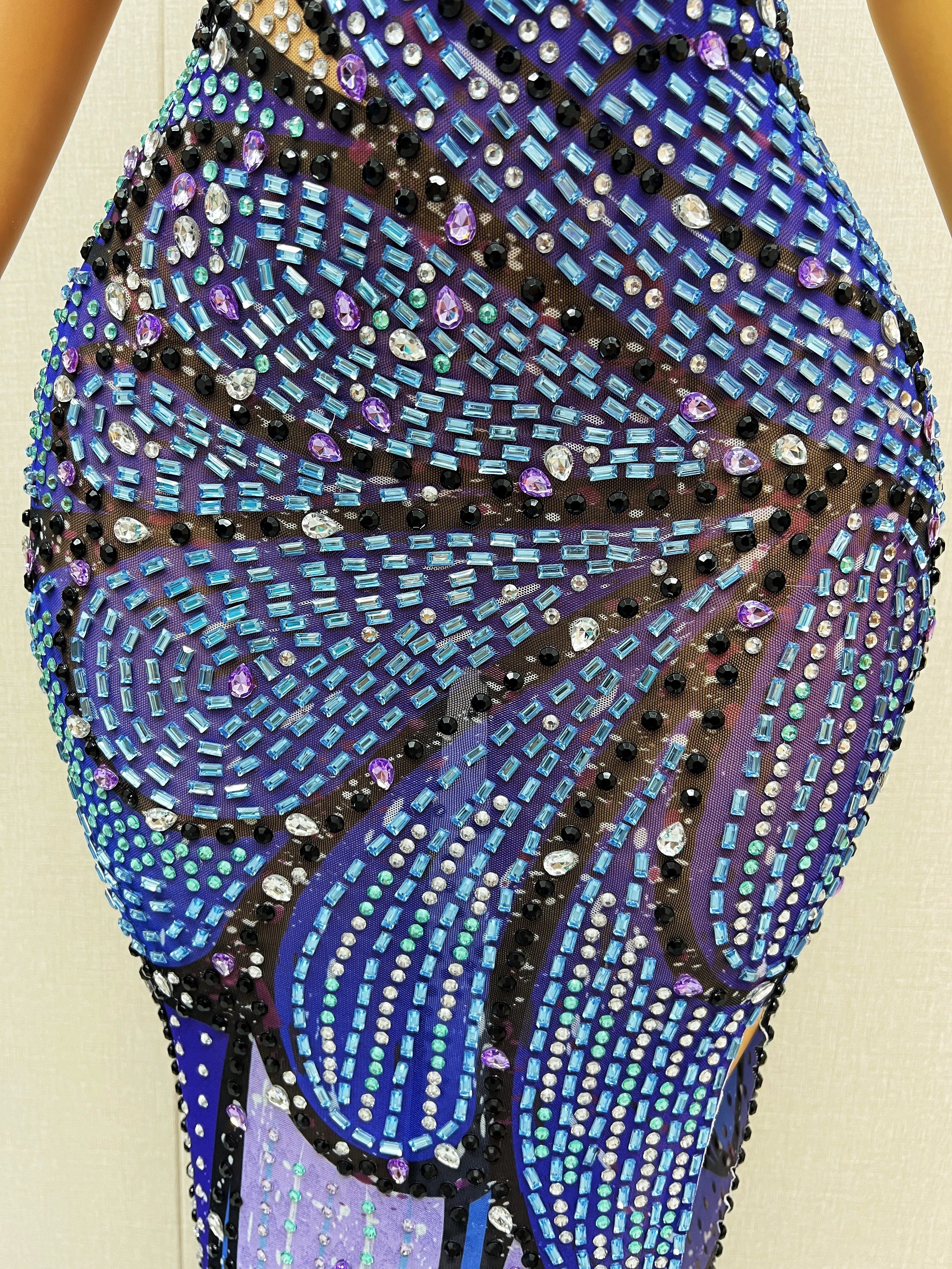 Suspender dress with sparkling diamond print fashionable slit slim fit stage host dress