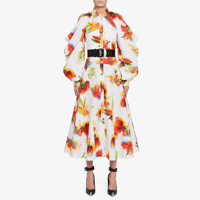 Colorblock Printing Casual Dresses For Women Lapel Long Sleeve High Waist Spliced Button Hollow Out Elegant Dress Female New