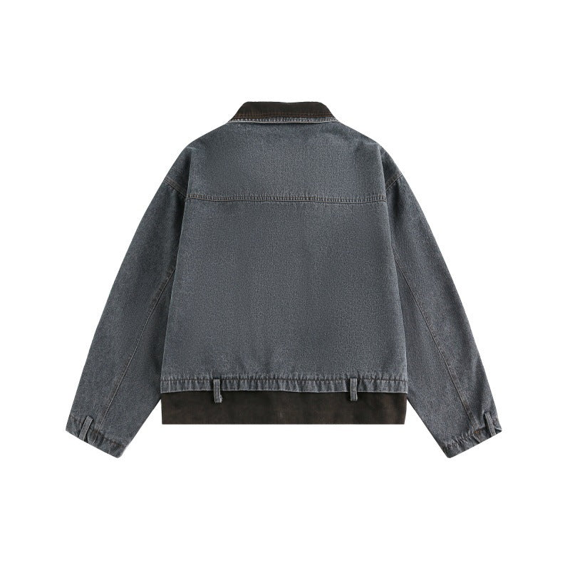 Streetwear Patchwork Faux Two-Piece Short Retro Loose Denim Jacket
