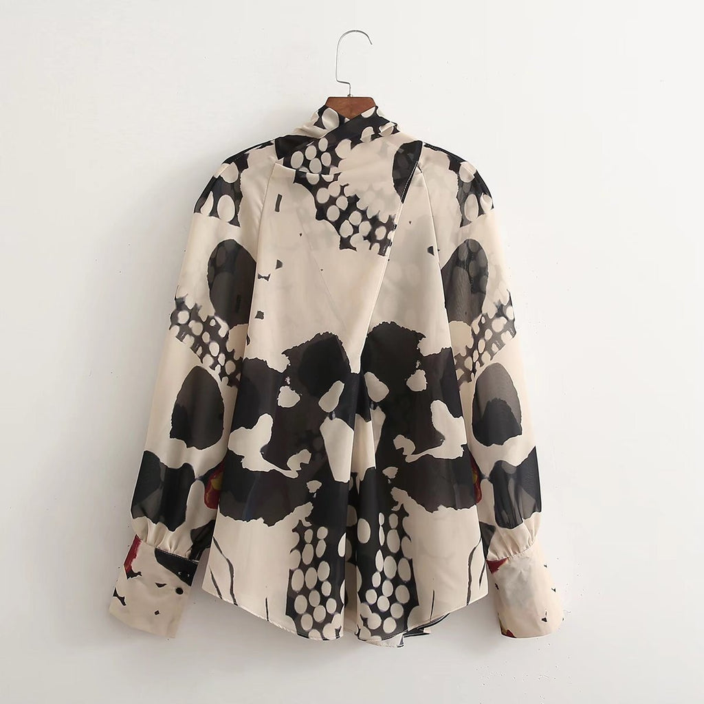 Women Fashion With Tied Bow Printed Loose Blouses Vintage Long Sleeve Asymmetric Female Shirts
