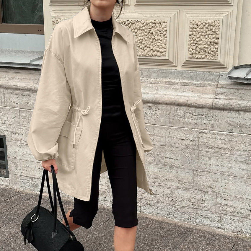 Zipper khaki drawstring waist cinched mid length long sleeved lapel coat