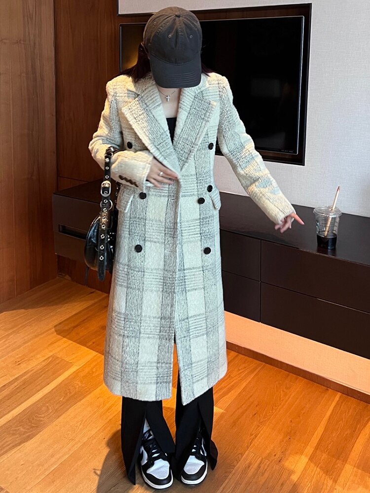 Loose Fit White Plaid Elegant Long Woolen Coat Parkas New Long Sleeve Women Fashion Trend Autumn Winter