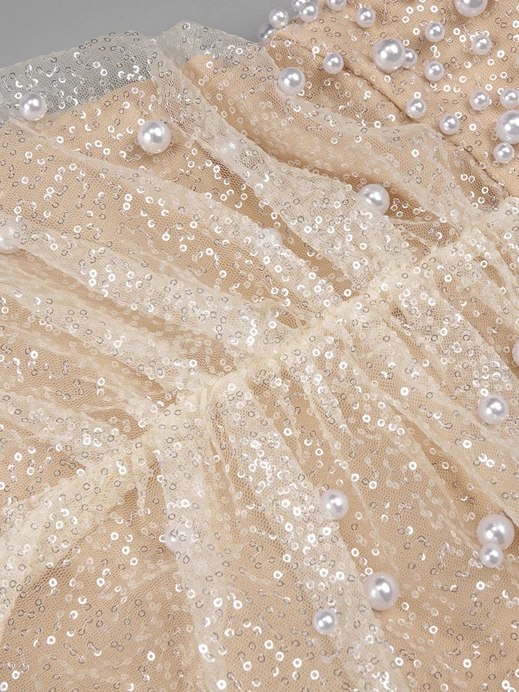 Women Elegant Off Shoulder Short Sleeves Pearl Sequins Design Sparkling Maxi Long Gown