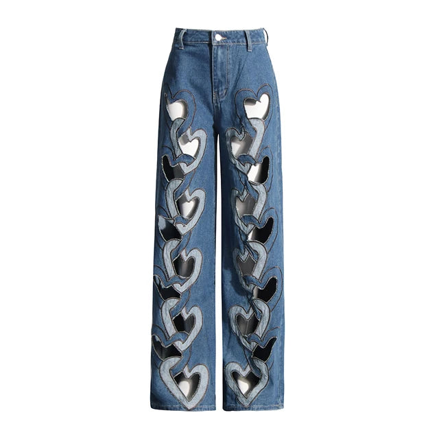 European and American sexy spicy style pants, casual and fashionable heart-shaped hollow high waisted jeans, women's trend