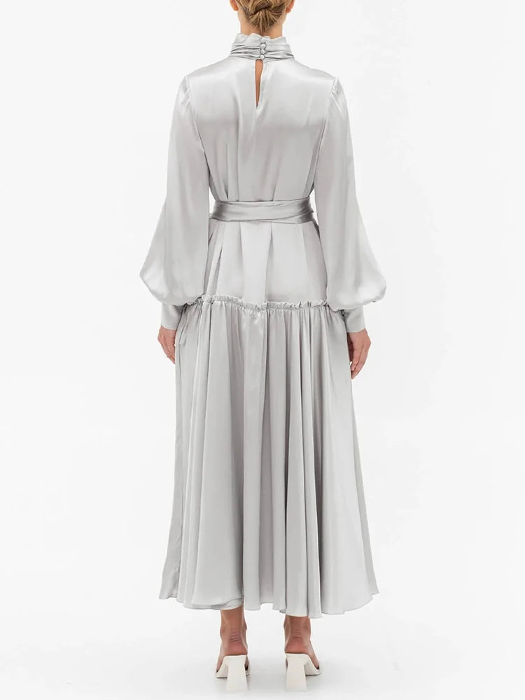 Patchwork Lace Up Solid Elegant Dresses For Women Turtleneck Lantern Sleeve High Waist Temperament Dress Female Fashion New