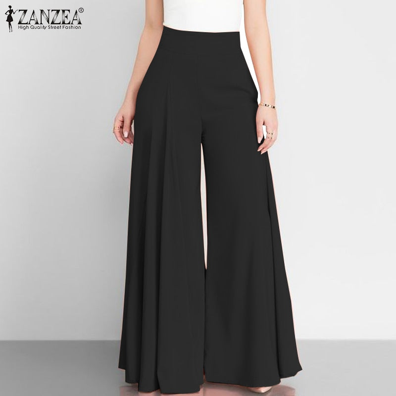 Women Elegant High Waist Wide Leg Pants Spring Vintage Flare Trousers Casual Solid Zipper Pantalon Female Palazzo