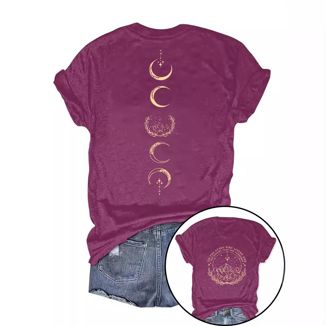 Moon pattern round neck short sleeved shirt