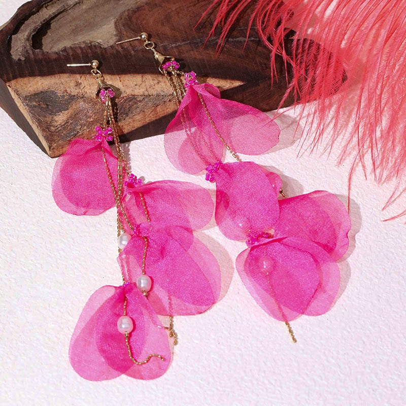 Handmade fabric pearl earrings female super fairy long tassel earrings