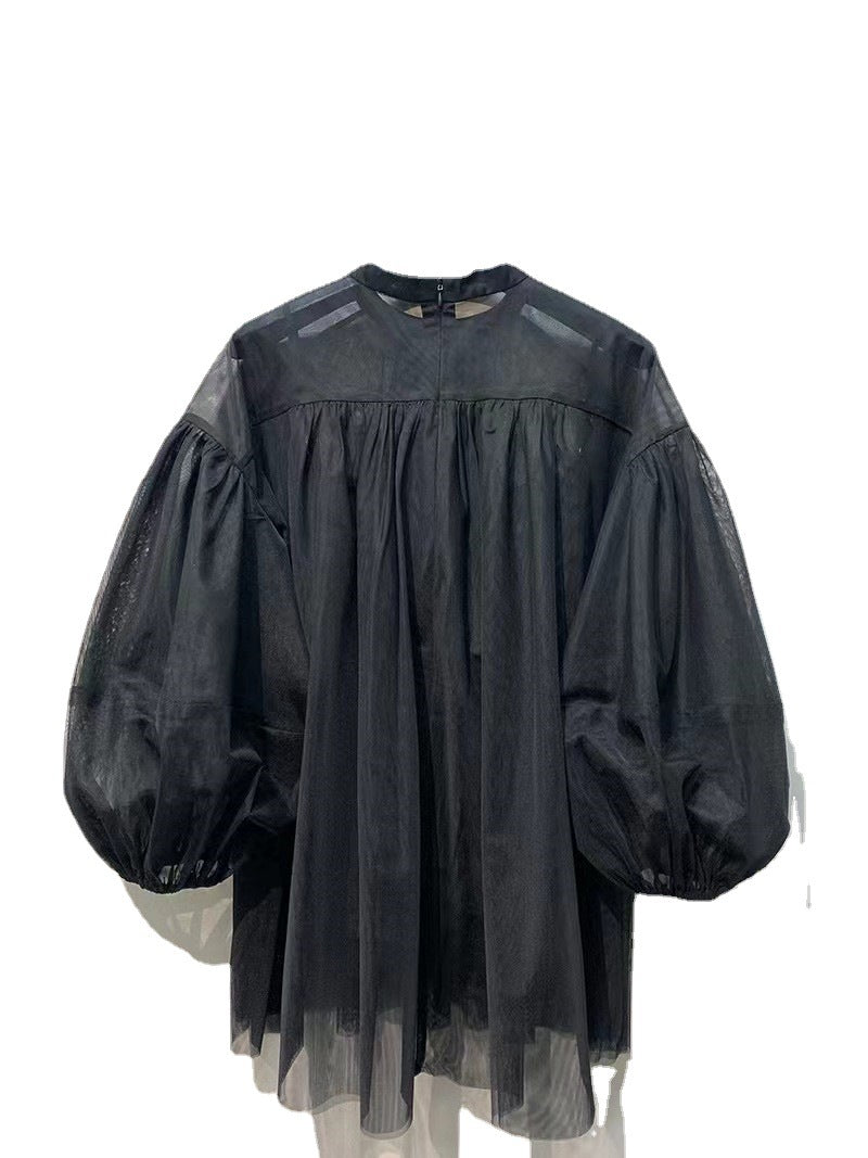 Summer Mesh Shirts For Women Round Neck Lantern Sleeve Loose Minimalist Folds Casual Pullover Korean Blouse Female New