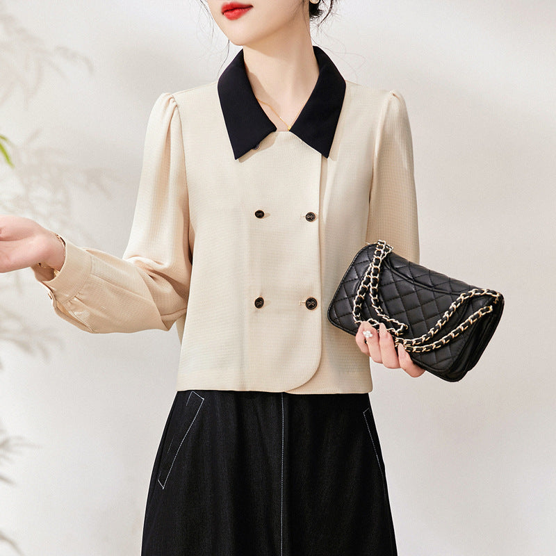 Two-Way Wear Twill Texture Color-Blocking Tweed Style Shirt Jacket, Apricot, Long Sleeve Top for Petite Women