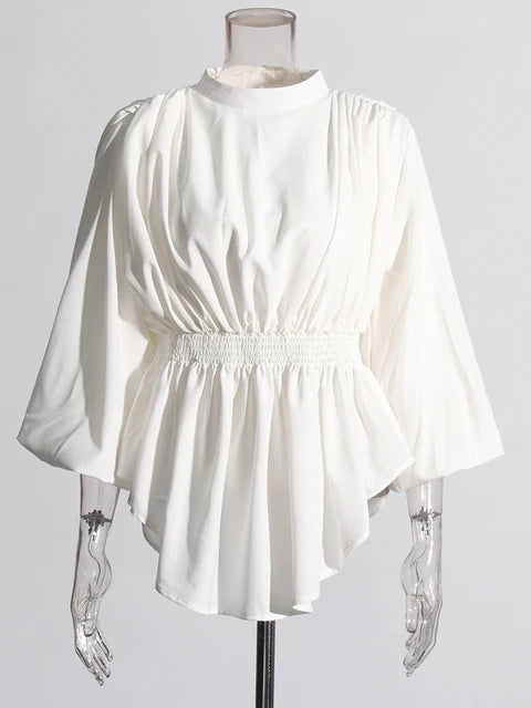 Solid Casual Loose Shirts For Women Round Neck Puff Sleeve Tunic Patchwork Folds Temperament Shirt Female Fashion