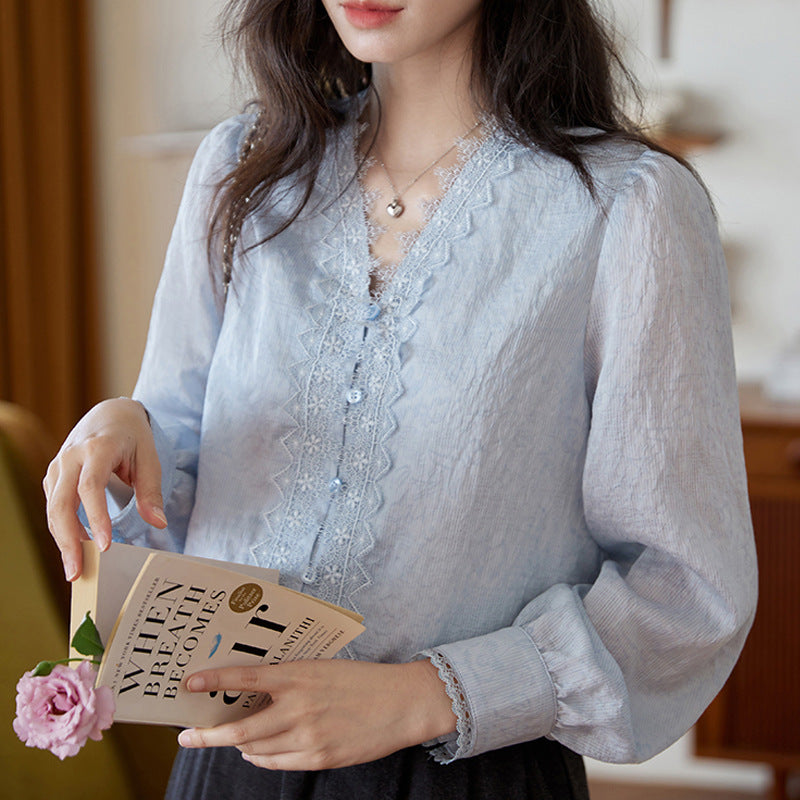 Blue V-Neck Lace Embroidered Long Sleeve Shirt Women  Vintage Elegant Commute Top