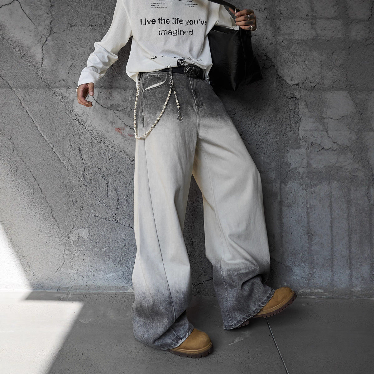 Streetwear Hip-Hop Style Gradient Color Wide-Leg Denim Pants Straight Leg Design Retro Knife-Edge Floor-Length Trousers