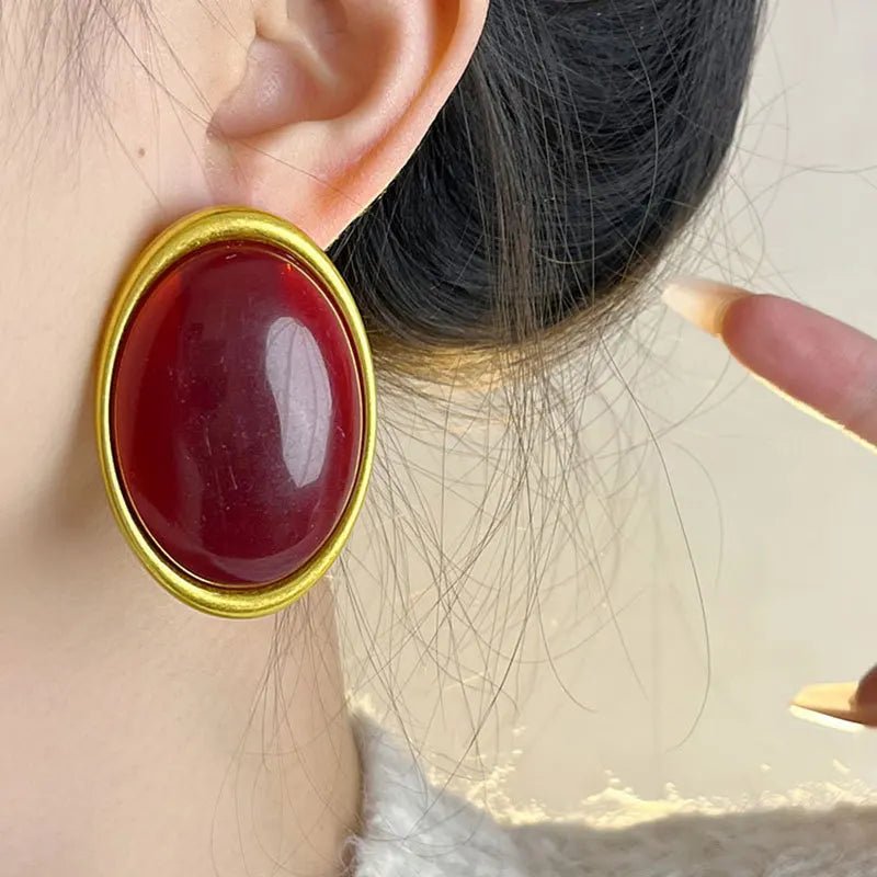 Vintage Exaggerated Wine Red Resin Geometric Oval Large Earrings for Women Chunky Unique Party Heavy Jewelry Accessories