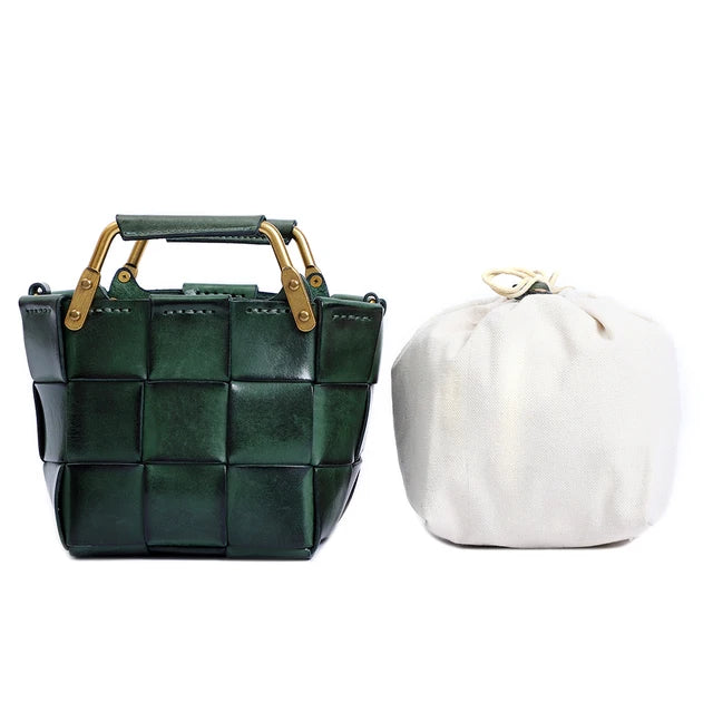 New Trendy Women Mini Calf Skin Leather Woven Clutches Basket Bag  Female Plaid Square Handbag Luxury Copy Crossbody