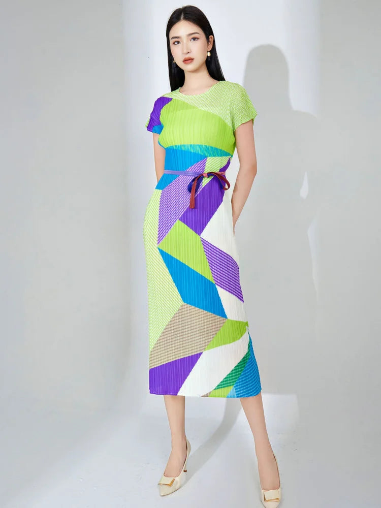 Slim Elegant Pleated Dress For Women Round Neck Short Sleeves Color Block Belt Dresses Female Clothes Summer