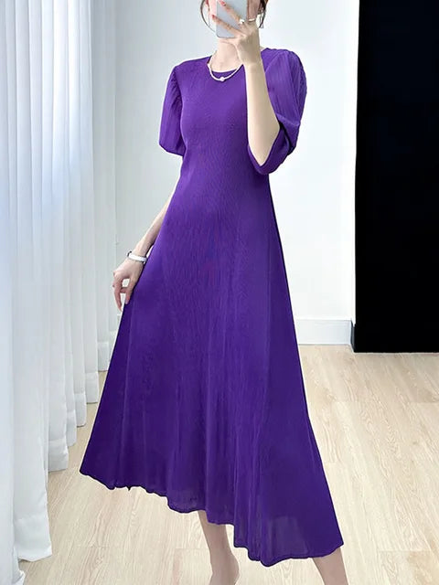 Pleated Dress Women Lantern Sleeve Solid Color Round Collar A Line Loose New Medium Long Elegant Female
